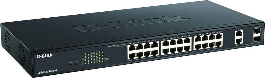 Комутатор D-Link 24xGE PoE, 2xSFP/GE, 370Вт, EasySmart (DGS-1100-26MPV2) [105126]