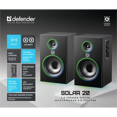 Акустична система 2.0 Solar 20 20Вт Bluetooth 5.0+3,5мм, RGB підсвітка, чорна (65721) [404791]