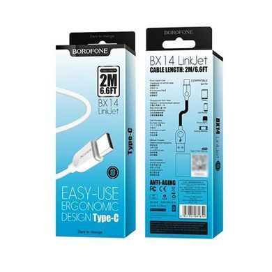 Кабель BOROFONE BX14 USB to Type-C 2.4A, 2m, PVC, TPE connectors, White (6957531090021) [803596]