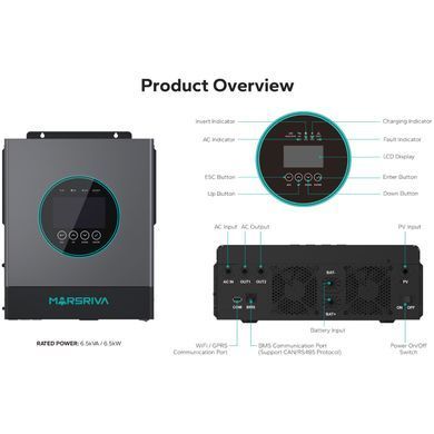 Інвертор Marsriva OFF-G 6.5 kW 230V RS232/RS485 CE PF1 VOL VM III 6.5KW TWIN-48V, include wifi (MR-SPF6.5K-LP1-TL20E) [405326]