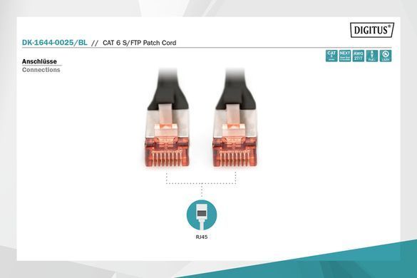 Патч-корд DIGITUS CAT 6 S-FTP, 0.25м, AWG 27/7, LSZH, чорний (DK-1644-0025/BL) [109884]