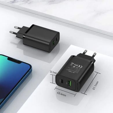 Мережевий зарядний пристрій Vention USB Type A + QC3.0 USB-C + QC4.0 (38W), Black (FBIB0-EU) [618166]