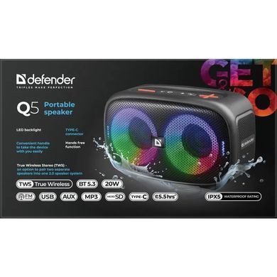 Акустична система 1.0 Defender Q5 20 Вт Bluetooth/FM/USB/TF/IPX5, LED, чорна (65305) [405307]