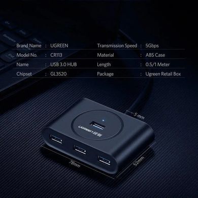 USB-хаб UGREEN USB 3.0 Hub 0.5m (Black) (UGR-20290) [803343]