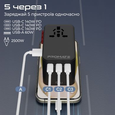 Зарядний пристрій Promate 160W Black (tripmate-gan160) [603390]