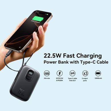 УМБ Joyroom 10000mAh 22,5W PD,QC, USB-A, USB-C In/Out with built-in USB-C cable Black (JR-PBF17) [404914]