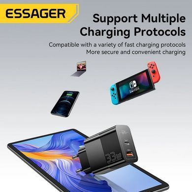 Мережевий зарядний пристрій Essager Pinchen 33W USB A + TYPE C Black (ECTAC-PCB01-P) [620288]