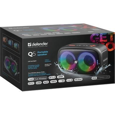 Акустична система 1.0 Defender Q5 20 Вт Bluetooth/FM/USB/TF/IPX5, LED, чорна (65305) [405307]
