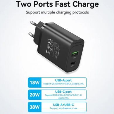 Мережевий зарядний пристрій Vention USB Type A + QC3.0 USB-C + QC4.0 (38W), Black (FBIB0-EU) [618166]