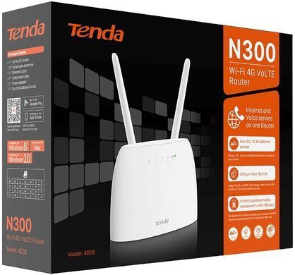 Маршрутизатор TENDA N300, 4G/LTE, 1xFE LAN, 1xFE LAN/WAN, 1xRJ11, Cлот для SIM-карти (4G06) [104428]