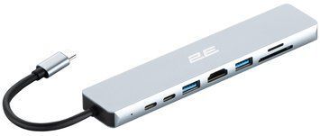 Хаб 2E USB-С > USB-A 2.0/USB-A 3.0/2xUSB-C PD/HDMI/microSD/SD/Ethernet, 0.13м, сірий (2E-W2681) [114389]