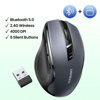 Мишка UGREEN 2.4GHz MU006, бездротова, Bluetooth, 4000dpi., 4кн.,Silence Design, Сіра (90855) [401226]