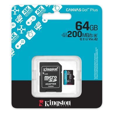 Карта пам`яті MicroSDXC 64GB UHS-I/U3 Class 10 Kingston Canvas Go! Plus R200/W200MB/s + SD-адаптер (SDCG4/64GB) [607003]