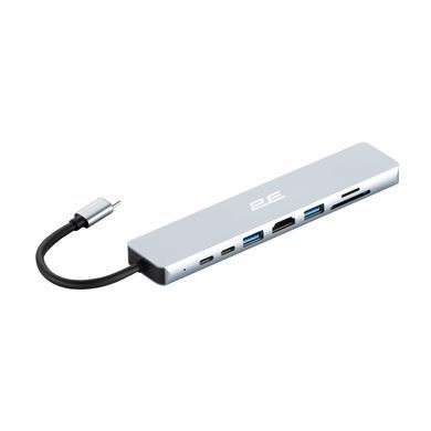 Хаб 2E USB-С > USB-A 2.0/USB-A 3.0/2xUSB-C PD/HDMI/microSD/SD/Ethernet, 0.13м, сірий (2E-W2681) [114389]