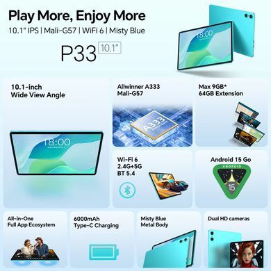 Планшет Teclast 10.1&rdquo; HD+ / 3GB / 64GB / A333 / 6000mAh / WIFI / 5+2Mp / Metal / Blue (P33) [404975]