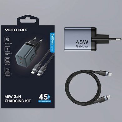 Зарядний пристрій 2xUSB-C 45W PD3.0/QC/GaN + USB-C cable М-М чорний Vention (TZ-FCDH0-EU) [405460]