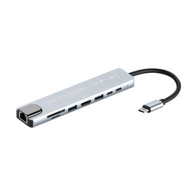 Хаб 2E USB-С > USB-A 2.0/USB-A 3.0/2xUSB-C PD/HDMI/microSD/SD/Ethernet, 0.13м, сірий (2E-W2681) [114389]