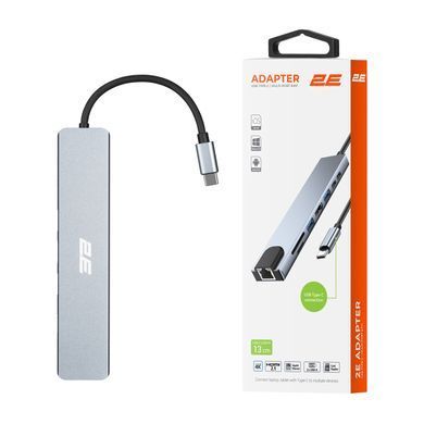 Хаб 2E USB-С > USB-A 2.0/USB-A 3.0/2xUSB-C PD/HDMI/microSD/SD/Ethernet, 0.13м, сірий (2E-W2681) [114389]