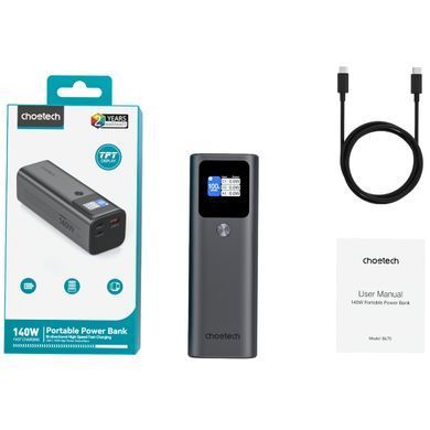 УМБ Choetech 27000mAh 140W PD5.0,QC3.0, USB-A, 2xUSB-C In/Out, TFT Display, black (B670-CCGY) [402200]