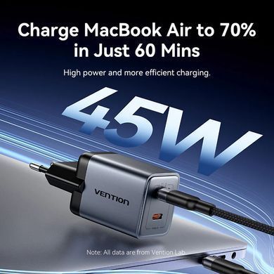 Зарядний пристрій 2xUSB-C 45W PD3.0/QC/GaN + USB-C cable М-М чорний Vention (TZ-FCDH0-EU) [405460]