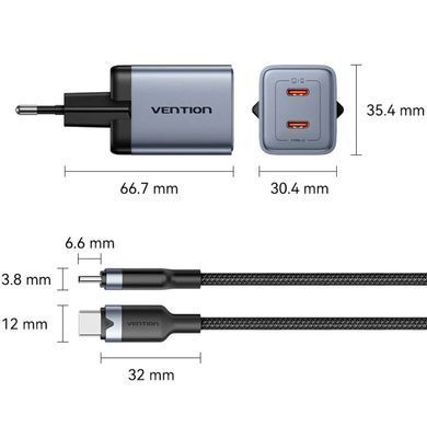 Зарядний пристрій 2xUSB-C 45W PD3.0/QC/GaN + USB-C cable М-М чорний Vention (TZ-FCDH0-EU) [405460]