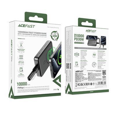 Зовнішній акумулятор ACEFAST M10-10000 PD30W magnetic wireless charging power bank with cable Black (6974316283300) [805558]