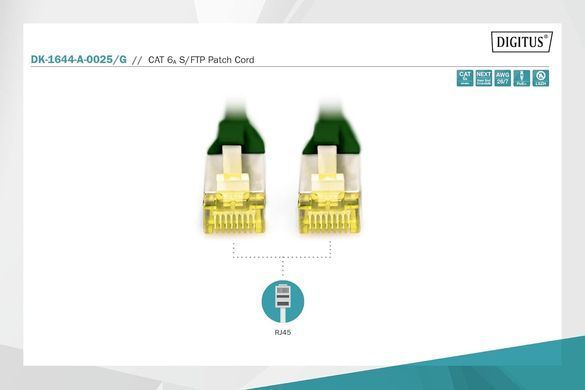 Патч-корд DIGITUS CAT 6a S-FTP, 0,25м, AWG 26/7, Cu, LSZH, зелений (DK-1644-A-0025/G) [114249]