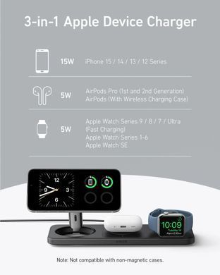 Бездротовий зарядний пристрій Anker MagGo Wireless Charging Station 15W 3-in-1 Pad Black (B25M1311) [201914]