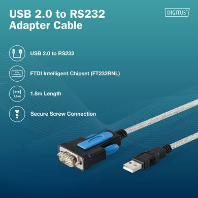 Адаптер DIGITUS USB-A > RS232 (M/M), FTDI, 1.8м (DA-70170) [114264]