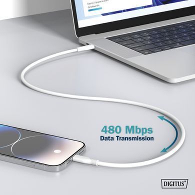 Кабель DIGITUS USB-A > Lightning заряджання/синхронізації, USB 2.0, 12W, силіконовий, 1м, білий (AK-600108-010-W) [108616]