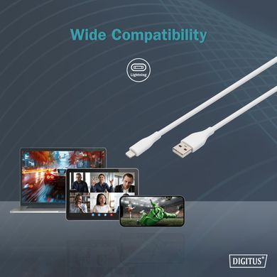 Кабель DIGITUS USB-A > Lightning заряджання/синхронізації, USB 2.0, 12W, силіконовий, 1м, білий (AK-600108-010-W) [108616]