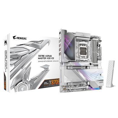 Материнська плата GIGABYTE X870E A MASTER X3D ICE sAM5 X870 4xDDR5 M.2 Wi-Fi BT HDMI DP ATX (X870E_A_MASTER_X_ICE) [112350]