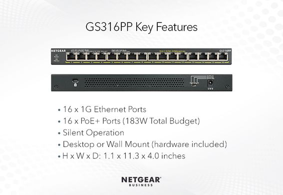 NETGEAR Комутатор GS316PP 16xGE PoE+ (183Вт), FlexPoE, некерований (GS316PP-100EUS)