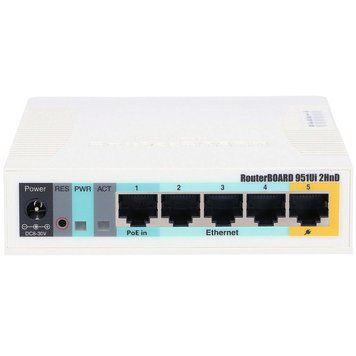 Маршрутизатор Mikrotik, N300, 600MHz/128Mb, 5х100Мбіт, 1хUSB, 1000mW, PoE in, PoE out, (RB951UI-2HND) [401410]