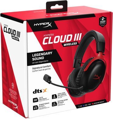 Гарнітура ігрова HyperX Cloud III, WL/USB-A/USB-C, чорно-червоний (77Z46AA) [107369]