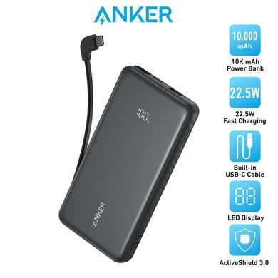 Портативний зарядний пристрій Anker - 10000 mAh 22.5W Built-In USB-C Cable Black (A110DH11) [203176]