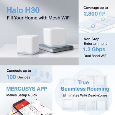 Система WiFi-Mesh MERCUSYS Halo H30 AC1200, 2xFE LAN/WAN, 2мод (HALO-H30-2-PACK) [104738]