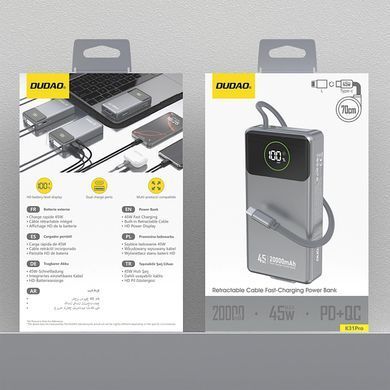УМБ Dudao 20000mAh K31 Pro 45W PD,QC USB-A,USB-C In/Out,with built-in USB-C/Lightning cables Gray (6977196682010) [404950]