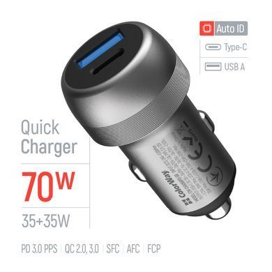 Автомобільний зарядний пристрій ColorWay 2USB (Type-C PD35W + USB QC3.0 35W) 70W Gray (CW-CHA066PD-GR) [618406]