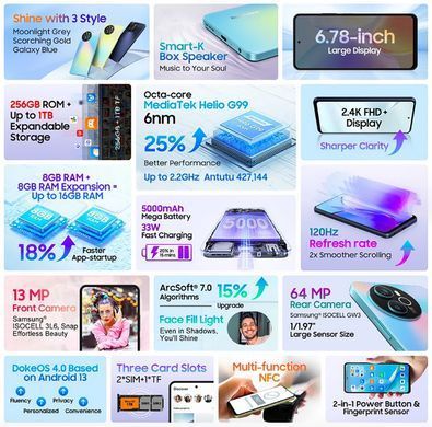 Смартфон Blackview SHARK 8 6.78" FHD+ /8GB/256GB/ G99 / 5000mAh / 64+13Мп /NFC/ Blue (6931548315193) [400662]
