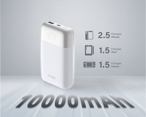 Акумулятор портативний літій-іонний Power Bank D-Link 10000мА*год 18Вт 1xUSB-A, 1xUSB-C, білий (DPP-101) [113098]