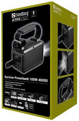 УМБ Sandberg 40000mAh,Survivor 100W, 2xUSB-С, USB-A, LED ліхтар, PowerThru, чорний (421-14) [404280]