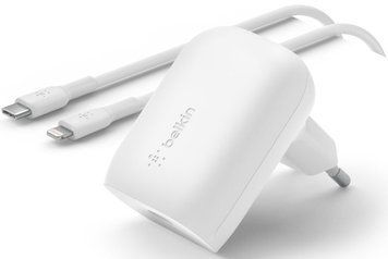 Зарядний пристрій мережевий Belkin 30Вт USB-С PD PPS, кабель USB-С > Lightning 1м, білий (WCA005VF1MWH-B5) [108366]