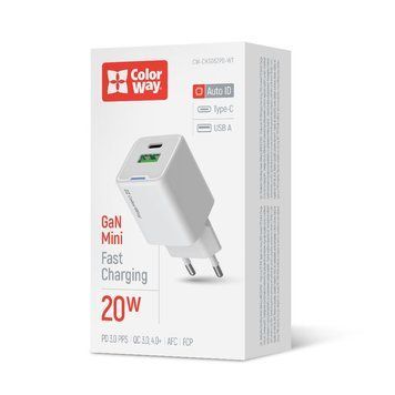 Мережевий зарядний пристрій ColorWay GaN Mini 20W PD Port PPS USB (Type-C PD + USB QC4.0) White (CW-CHS062PD-WT) [614607]