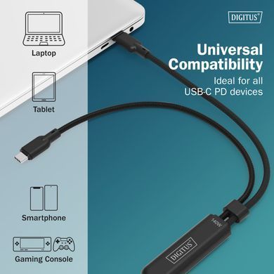 Кабель DIGITUS USB-C > 2xUSB-C заряджання/синхронізації, USB 2.0, 140W, 1.8м, чорний (AK-300170-018-S) [113099]