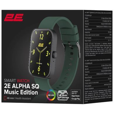 Смарт-годинник 2E Alpha SQ Music Edition 46мм, 1.78", 368x448, AMOLED, BT 5.2, Чорно-зелений (2E-CWW40BKGN) [108699]