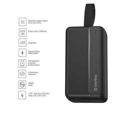 Універсальна мобільна батарея ColorWay High-power 2 30000mAh Black (CW-PB300LPC2BK-PD) [612945]