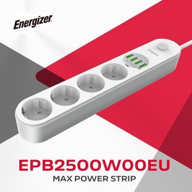 Мережевий фільтр Power filtr 2.0м Energizer 4 розетки, 4xUSB 3.4A, з заземленням білий (EPB2500W00EU) [404667]