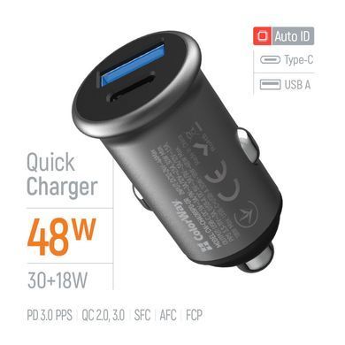 Автомобільний зарядний пристрій ColorWay 2USB (Type-C PD30W + USB QC3.0 18W) 48W Gray (CW-CHA065PD-GR) [618407]