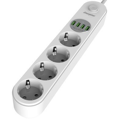 Мережевий фільтр Power filtr 2.0м Energizer 4 розетки, 4xUSB 3.4A, з заземленням білий (EPB2500W00EU) [404667]